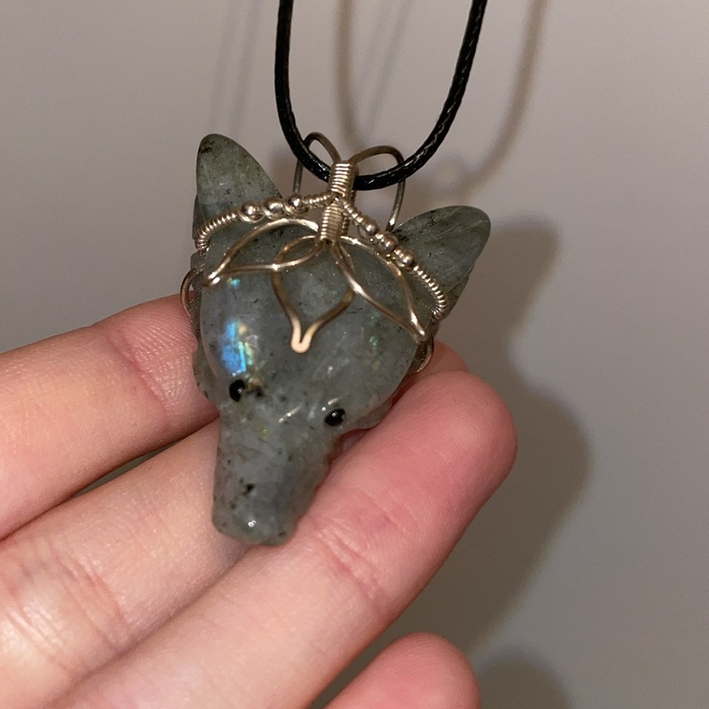 Labradorite Wolf Wire Wrapped Artisan Necklace